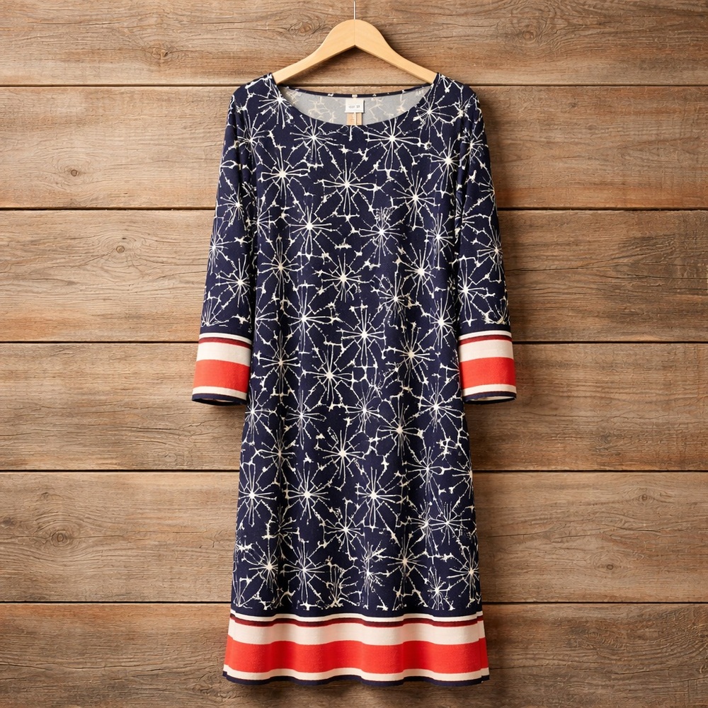 JMS 1x Polyester Spandex Modern Print 3/4 Sleeve Midi Dress